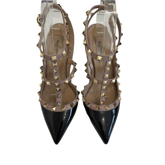 Valentino Garavani Heels Pointed Toe Rockstud‎ Studded Black Beige Patent 37 - Picture 2 of 8